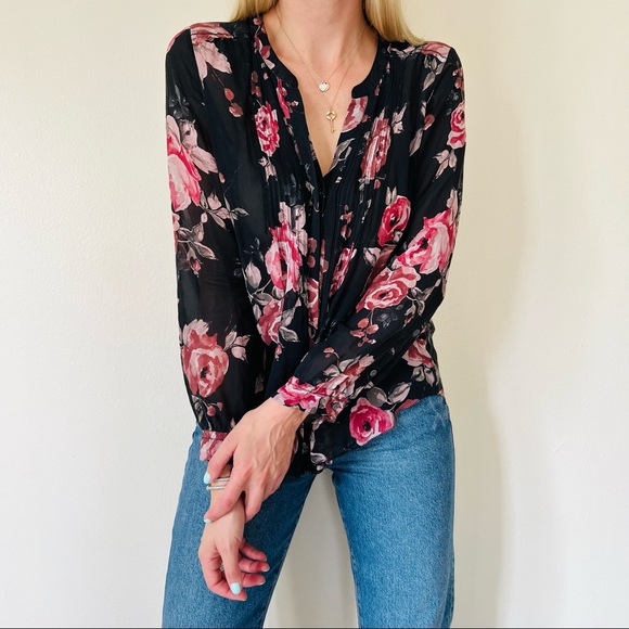 Joie floral silk blouse v-neck long sleeve boho pleated front button down shirt - Picture 3 of 6